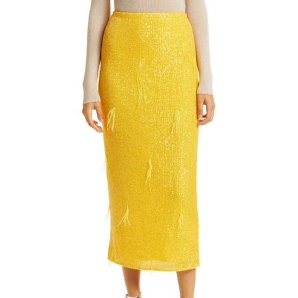 Ronny Kobo Yellow Sequin with Feather Detail Midi Skirt Sz...
